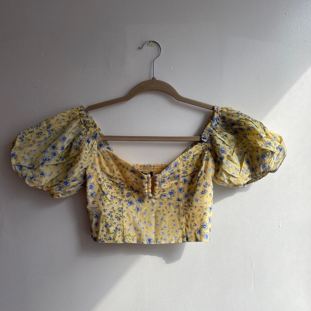 Abercrombie Floral Puff Sleeve Crop Top - Yellow